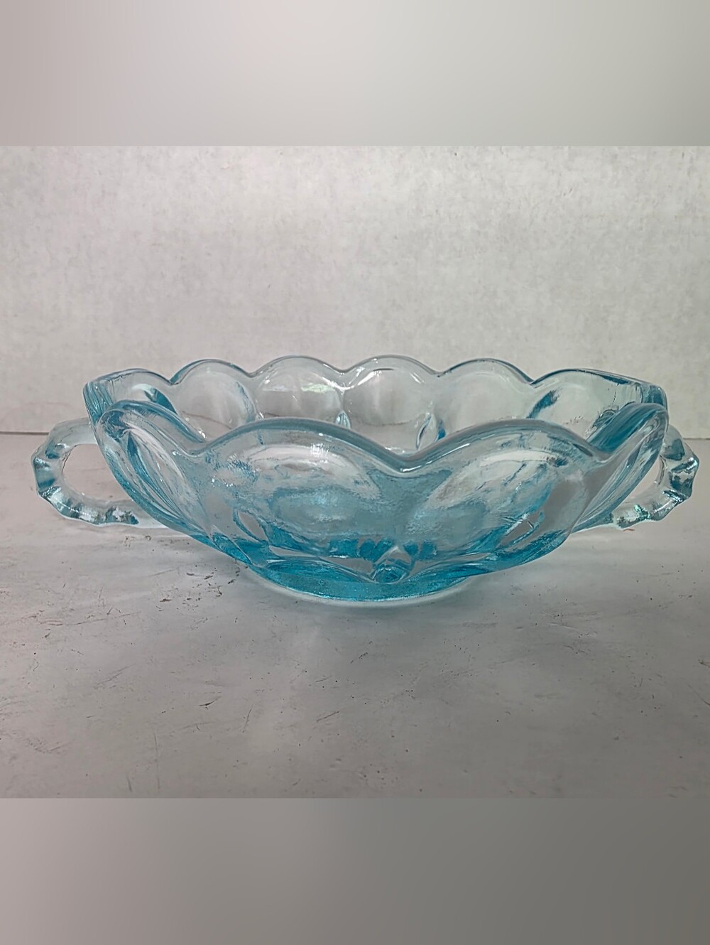 Vintage Anchor Hocking Fairfield Aqua Blue Glass Handled Bowl/Candy Dish